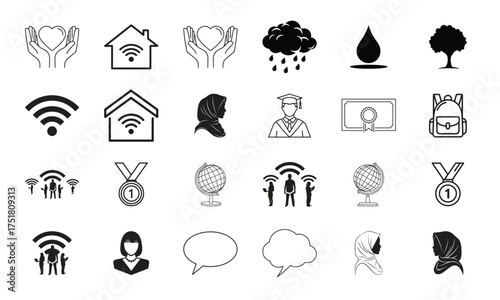 Collection of hand-drawn sketch icons representing smart home, technology, communication, and lifestyle concepts.