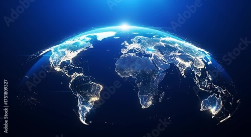 Global network of lights on planet earth at night, symbolizing connectivity and communication across continents animated 4k video