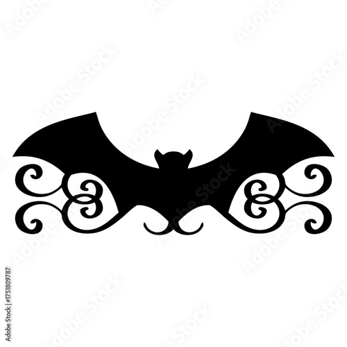 Logo con silueta de murciélago con filigrana caligráfica. Silueta con florituras para tarjetas y felicitaciones de Halloween