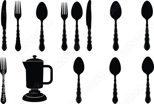 Black silhouette vector illustration of kitchen cutlery, fork, knife, spoon, coffee pot, cooking utensils, household tools isolated on white background
