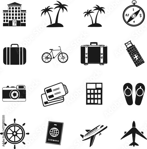 Travel and Vacation Icon Set – Tourism, Adventure, and Holiday Vector Symbols