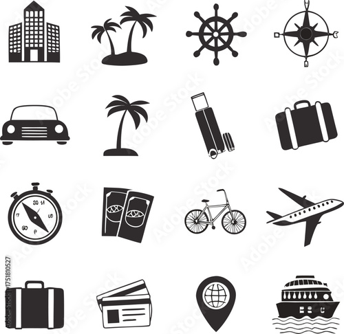Travel and Vacation Icon Set – Tourism, Adventure, and Holiday Vector Symbols