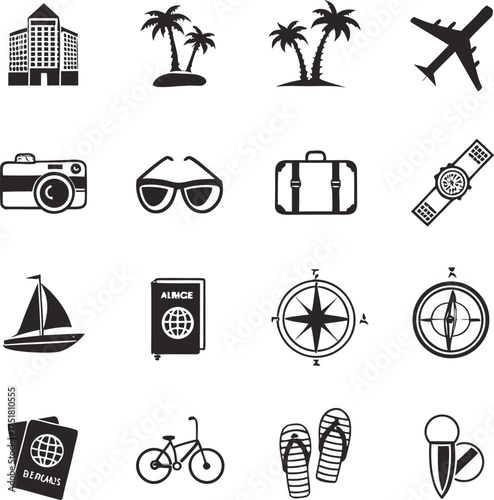 Travel and Vacation Icon Set – Tourism, Adventure, and Holiday Vector Symbols