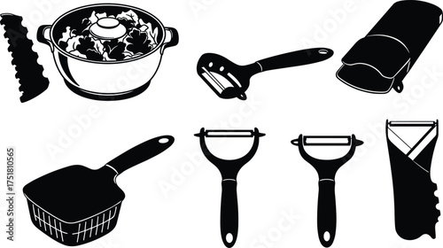 Black silhouette vector illustration of kitchen utensils including peelers, graters, salad bowl, slicer, cooking tools, vegetable cutter, white background