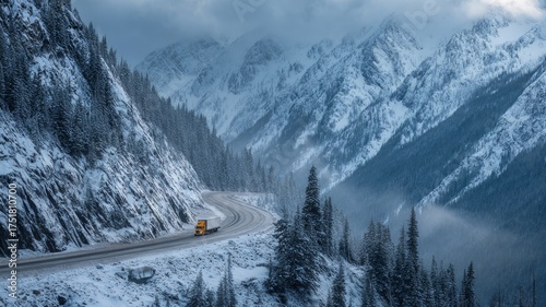 Truck navigating snowy mountain road in overcast weather. AI generated