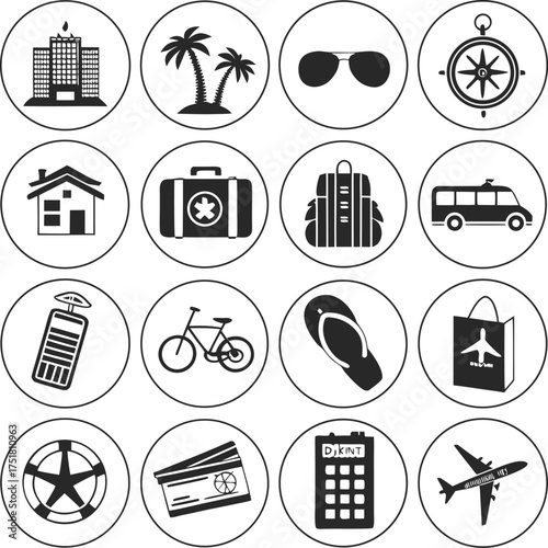 Travel and Vacation Icon Set – Tourism, Adventure, and Holiday Vector Symbols