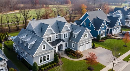 Elegant multistory houses with manicured lawns and autumn foliage, showcasing luxurious suburban living animated 4k video