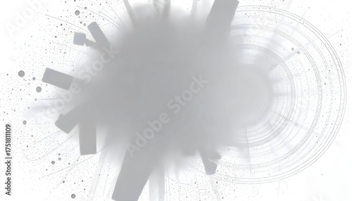 Abstract composition featuring a central blurred shape with radiating lines and geometric elements, all in grayscale.