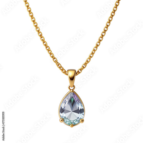 Elegant gold chain necklace with a pear shaped light blue gemstone pendant.