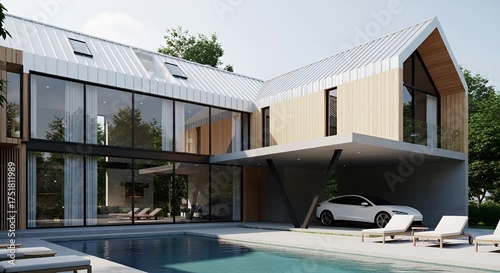 Modern luxury house with swimming pool and car parked under the carport, surrounded by trees and greenery animated 4k video