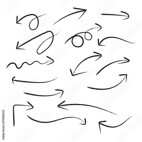 A collection of hand drawn arrow icons in various styles and directions representing movement and guidance on a white background