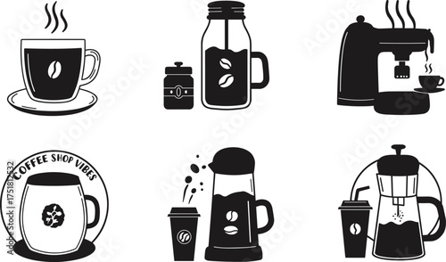 Coffee shop illustration, coffee cup, coffee pot, French press, coffee machine, hot drink, beverage design, cozy cafe, coffee vibes, morning brew