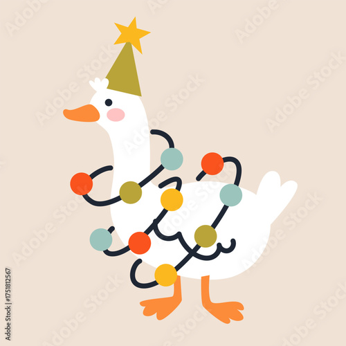 Cute white duck in Christmas tree outfit. Hand drawn vector illustration. Funny animal isolated. Naive Holiday childish design.Cool comic character, kids poster, xmas card, social media banner.