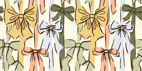 Seamless Christmas pattern with various cute bow knots,vertical gift ribbons. Trendy coquette core design. Hand drawn vector illustration. Holiday background, wrapping paper.