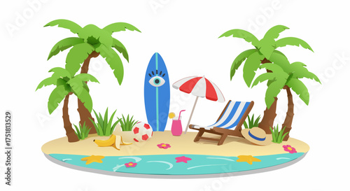 Summer Island Paradise Illustration: a delightful, colorful illustration of a tropical island paradise, featuring palm trees, a surfboard, beach chair, umbrella, and sun.