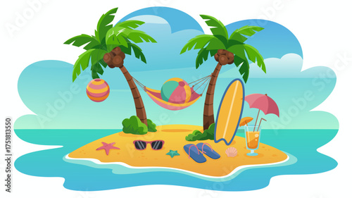 Tropical Paradise: A cartoon illustration captures a idyllic island escape, complete with swaying palm trees, a relaxing hammock, and the gentle lapping of the turquoise sea.
