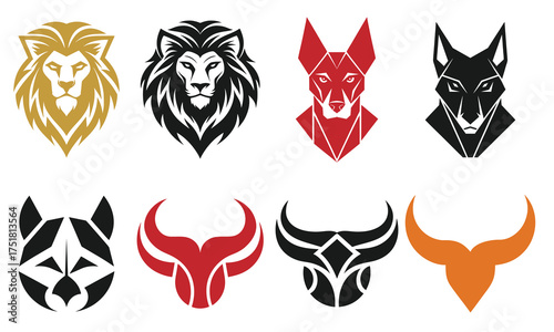 “Minimal Animal Head Logo Set  Modern Vector Collection of Lion Fox Bull Bear  and Dog Icons in Bold Solid Style
