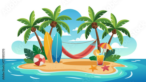 Island Oasis: A vibrant tropical island scene with swaying palm trees, inviting surfboards, and a cozy hammock, promising relaxation and leisure.