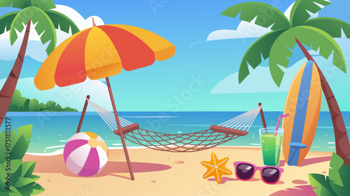 Tropical Paradise: A vibrant beach scene with an umbrella, surfboard, hammock, palm trees, and beach ball sets a scene of leisure. Capturing the essence of a sunny vacation.