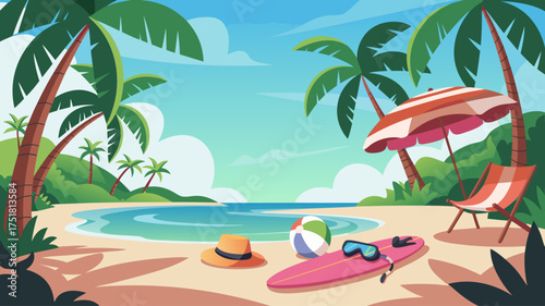 Tropical Beach Paradise: An idyllic illustration of a sun-kissed beach, adorned with swaying palm trees, inviting turquoise waters, and beach essentials, evokes the feeling of a serene summer getaway.