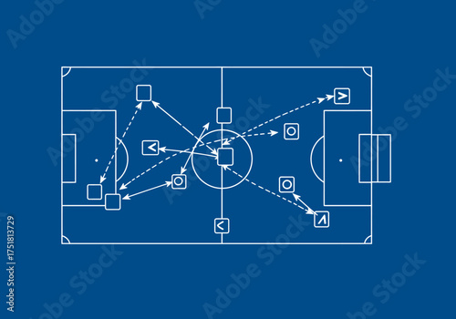 Soccer Field Diagram with Passing Routes on Blue Background.