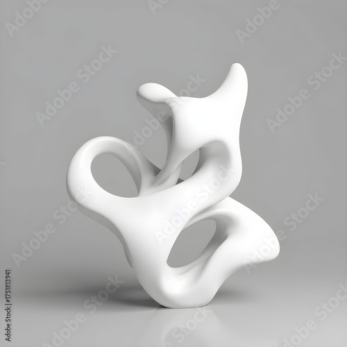 Abstract white sculpture with flowing, organic forms, displayed against a neutral gray background.