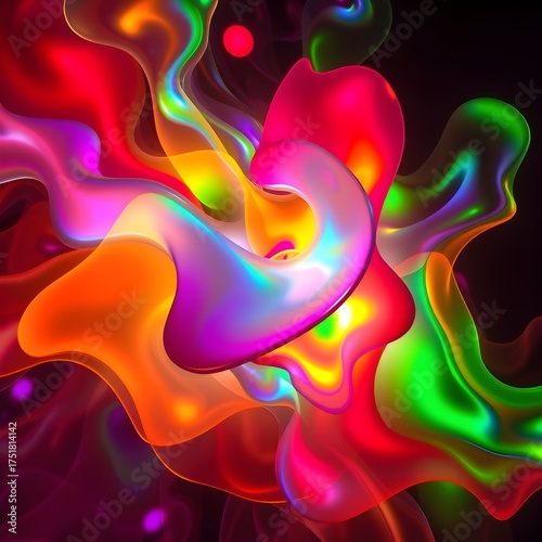 Abstract digital art piece featuring vibrant, swirling, and colorful fluid shapes with highlights.