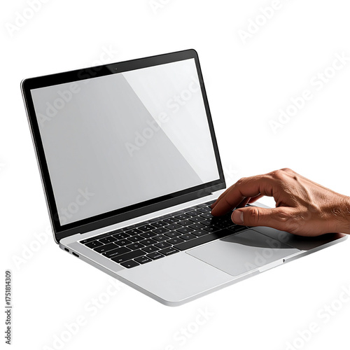 Hand using a laptop with a blank screen for mockup.