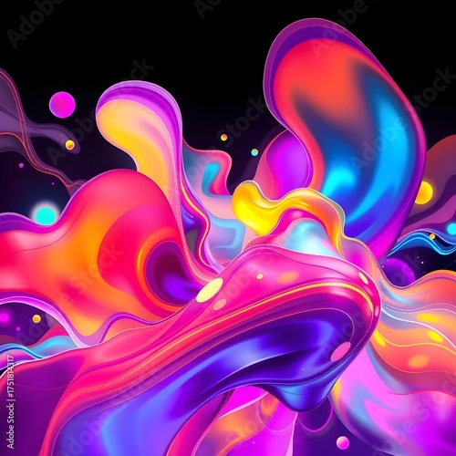 Abstract colorful fluid shapes swirl and merge against a dark background, creating a dynamic and vibrant visual composition.