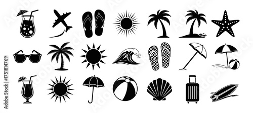 Summer beach holiday icons sun drink flip flops starfish sunglasses travel