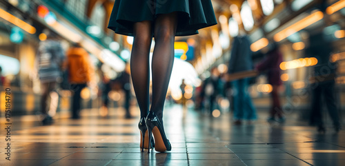 Female legs from behind in a black skirt, stockings, and high-heeled shoes in a busy train station hall. Motin blurred people and warm sunlight generative AI