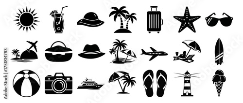 Summer vacation and beach holiday icon set with sun drink and travel symbols