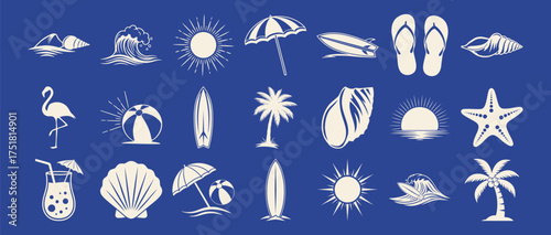 Tropical beach and surf icons with palm trees waves and sun doodles