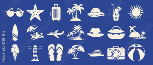 Summer vacation beach holiday icon set with sun drink flip flops starfish and sunglasses