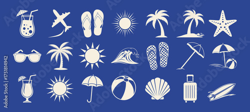 Summer vacation and beach holiday icon set with sun drink flip flops starfish and sunglasses
