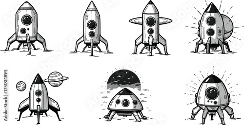 Rocket illustration set, spacecraft vector design, futuristic space artwork, planetary exploration emblem, cosmic travel badge, astronomy concept graphic, interstellar science fiction