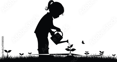 Silhouette child watering plant, environmental care, growth concept, butterfly, nature conservation, eco education, gardening, sustainability, nurturing future, black illustration