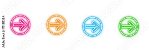 Neon glowing right arrow vector icons set, direction, forward, next, navigation, web ui element, vibrant digital design illustration on dark background.
