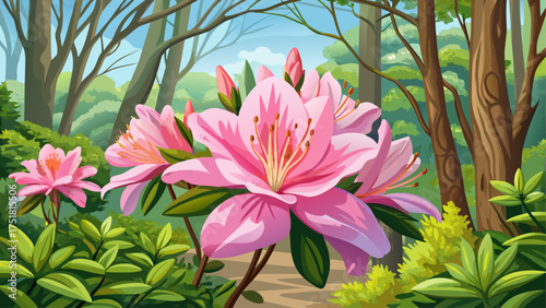 Very beautiful wild pink azalea blooming in early spring, Virginia woodlands, showing delicate soft pink flowers before full leaf growth.
