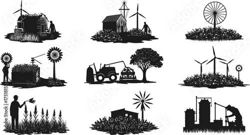 Sustainable agriculture illustration, renewable energy farming, eco-friendly rural life, wind turbines, solar power, green technology, farming innovation, bioenergy, environment, clean energy future