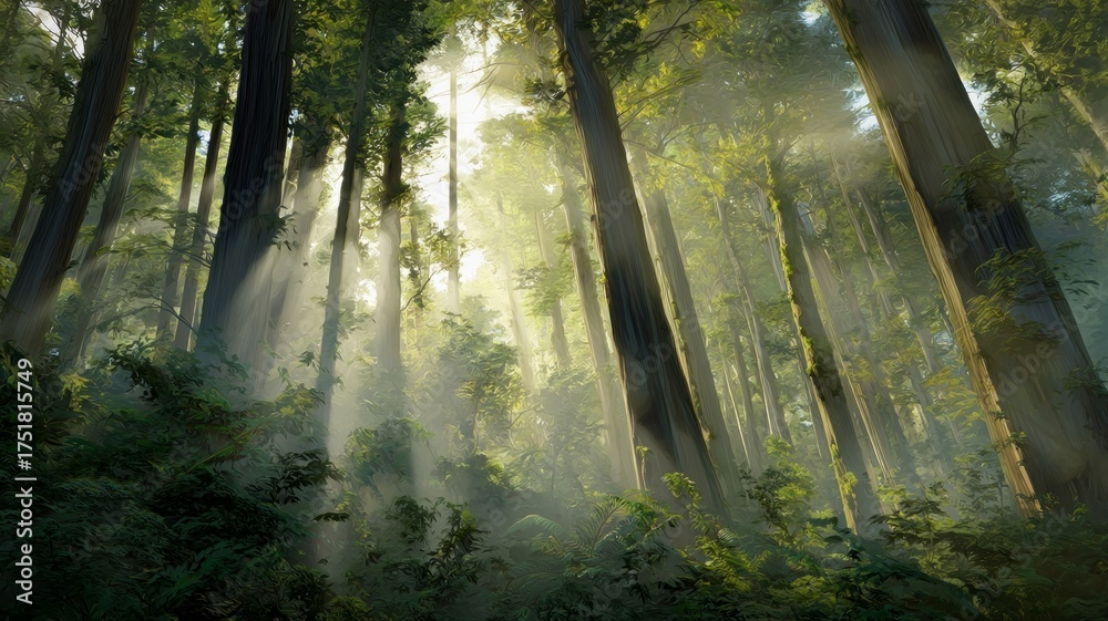 Obraz premium Sunlight through dense forest canopy. AI generated