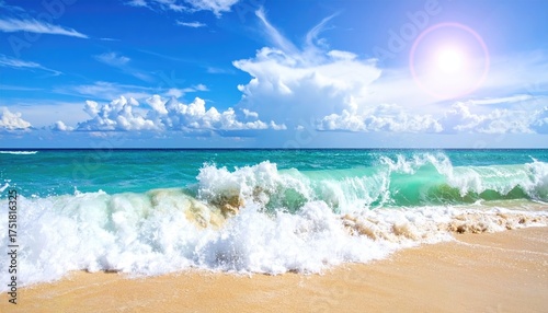 Fototapeta Naklejka Na Ścianę i Meble -  Sunny Beach Scene with Crashing Waves White Clouds and Lens Flare on Blue Sky Serene Ocean Landscape Sandy Shoreline Bright Sunlight Tropical Coast