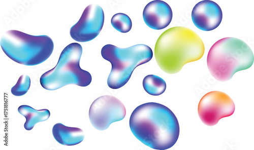 Abstract colorful fluid shapes translucent bubbles and droplets vibrant gradient colors flowing liquids
