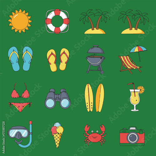 Summer Vacation Icons Collection lifebuoy palm trees