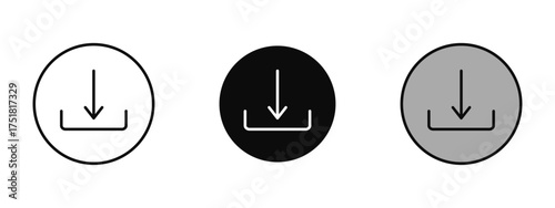 Download icon in stroke, fill, and color variations with a white background ideal for representing file downloads, saving data, importing content, and digital access in apps, websites, or software i
