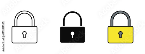 Lock icon in stroke, fill, and color variations with a clean white background — ideal for representing security, privacy, password protection, and data safety in apps, websites, or system interfaces.