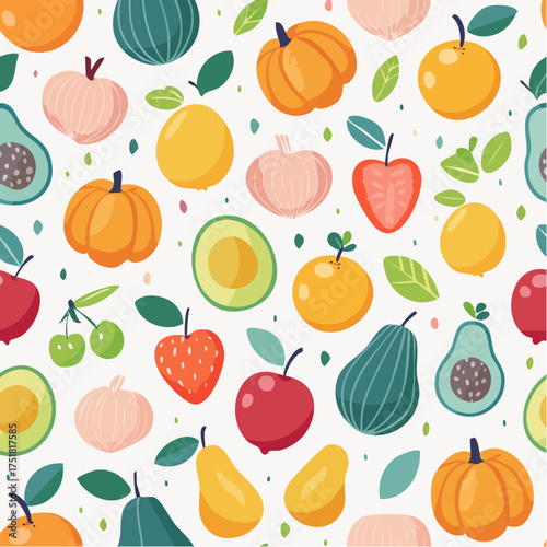 Seamless pattern with assorted fresh fruits and vegetables.