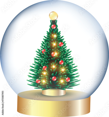 Festive Christmas tree inside a snow globe with golden base and twinkling lights