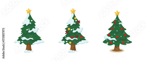 Collection of various Christmas trees, some plain, some decorated with ornaments, lights, snow, and a gold star. Holiday season vector illustration set for design.