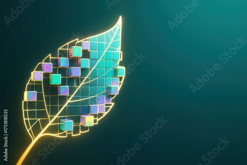 Digital leaf mosaic, green technology, blockchain concept, carbon credit tokenization creating eco innovation with glowing grid and cubes
